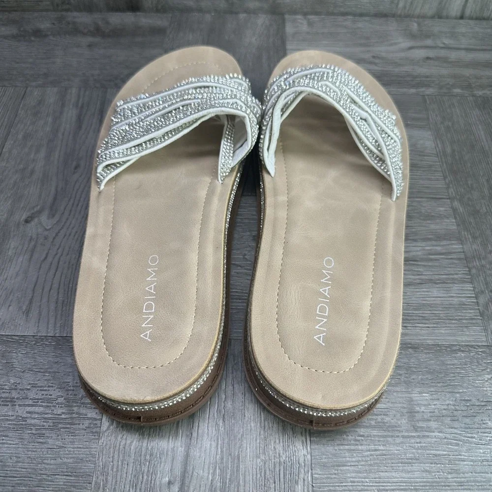 Andiamo Apamela Sandals Womens 8 White Rhinestone Pearl Platform Slide‎ NEW